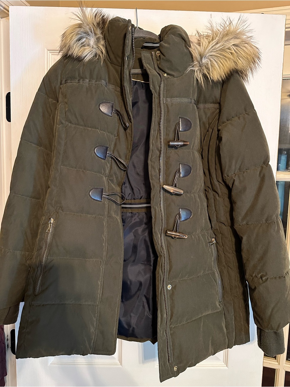 Nautica Olive Green Puffer Coat with Faux Fur Hood